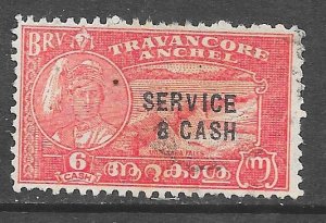 India Travancore O59: 8ca on 6ca Maharaja and Aruvikara Falls, used, F-VF