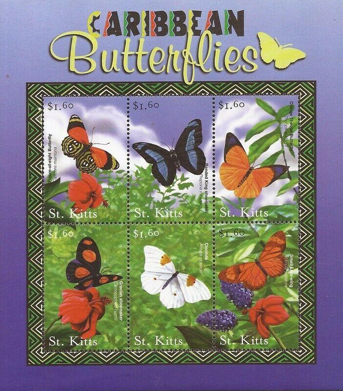 St Kitts - 2001 Butterflies - 6 Stamp Sheet - Scott #487