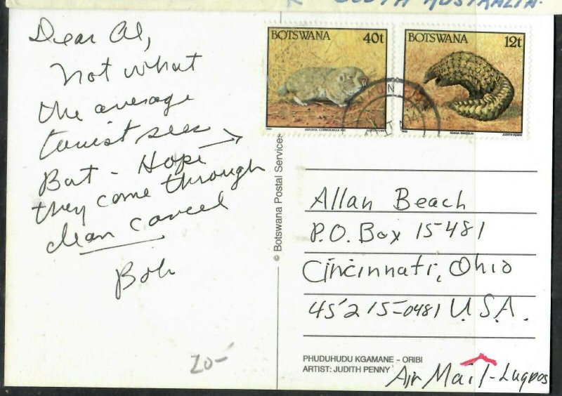 BOTSWANA COVER (P0506B) 1994 12T+40T ANIMALS ON PPC  MAUN  TO USA