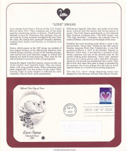 1996 Romance Love Swans 32c Sc 3123 FDC with PCS cachet on full info page