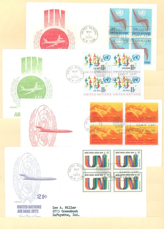 United Nations C15-18 1972 Airmail FDCs, artmaster cachets; 4 different blocks of 4 FDCs, U/A