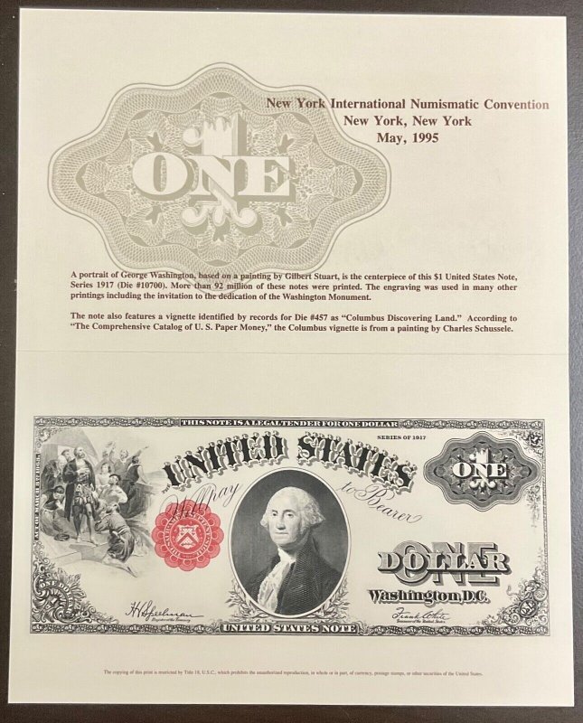 BEP B195 Souvenir Card $1.00 Legal Tender Note - Canceled and Uncanceled