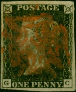 GB 1840 1d Penny Black SG2 Pl. 7 (G-C) Fine Used 4 Good Margins Smudgy Red MX