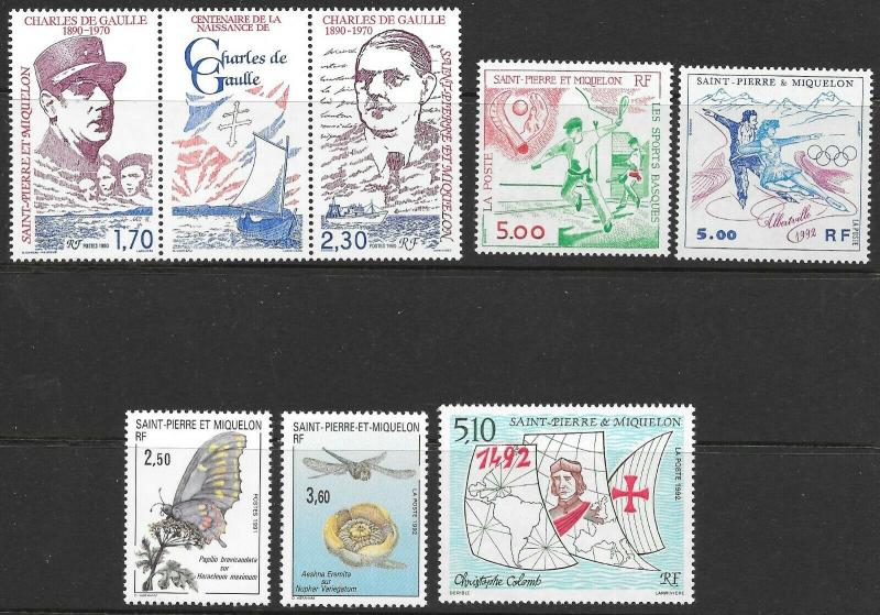 St. Pierre et Miquelon (SPM) 1990-1992 7 Different Scott 548//583 M NH Cat US$12