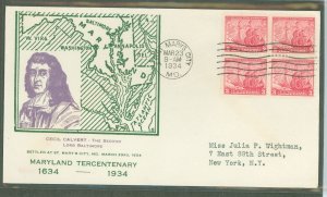 US 736 1934 3c Founding of Maryland (300th anniv) bl of 4 on an addressed (typed) FDC with a Hux Cut cachet
