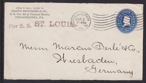 US Sc U377. 1904 5c Entire, per S.S. ST. LOUIS