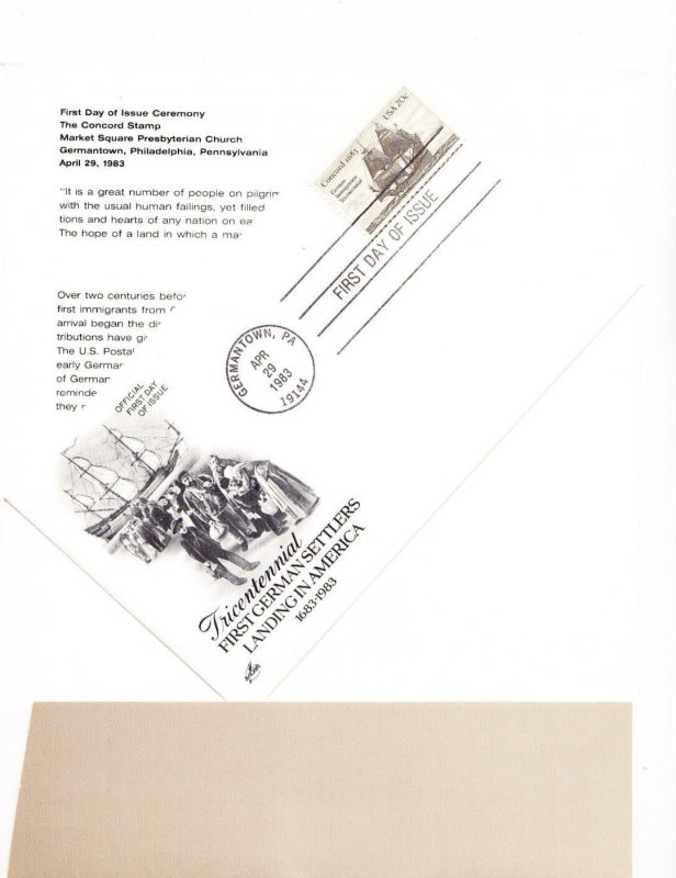 USPS 1st Day Ceremony Program #2040 German Immigration 300th Concord 1983