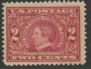 US Sc#370 1909 2c Alaska-Yukon Perf. near Very Fine Centering OG Mint Hinged