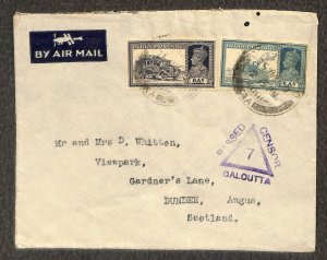 INDIA 159 & 160 STAMPS CALCUTTA TO SCOTLAND CENSORED WW2 COVER 1940