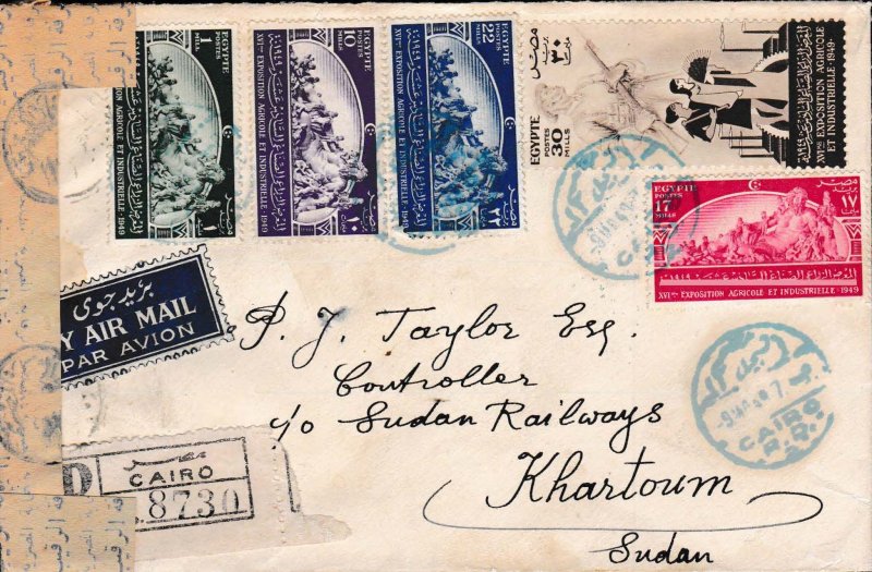 Egypt 1949 Agricultural Expo Registered Censored Airmail Cover - Khartoum,Sudan