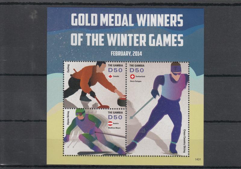 Gambia 2014 MNH Winter Games Gold Medal Winners 3v M/S Olympics Curling Skiing