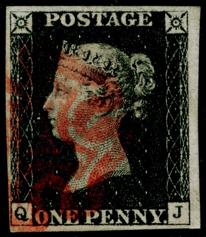 SG2, 1d black PLATE 1b, FINE USED. Cat £400. RED MX. 4 MARGINS. QJ