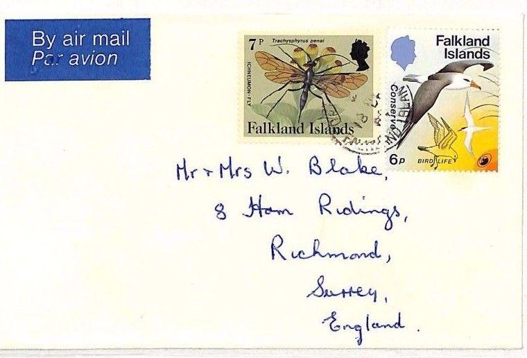 FALKLAND ISLANDS Commercial Air Mail BIRDS MOTHS Cover FARMING Surrey 1984 SS189