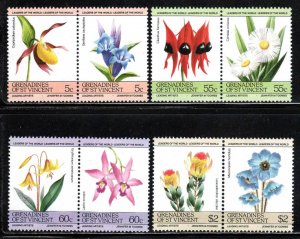 St. Vincent Grenadines #476-79 ~ Cplt Set of 4 pairs ~ Flowers ~ MNH, 1985