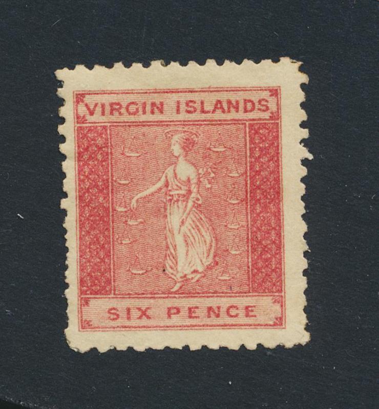 BRITISH VIRGIN IS 1866, 6d NO WMK P12 VF MINT SG#7 (SEE BELOW)