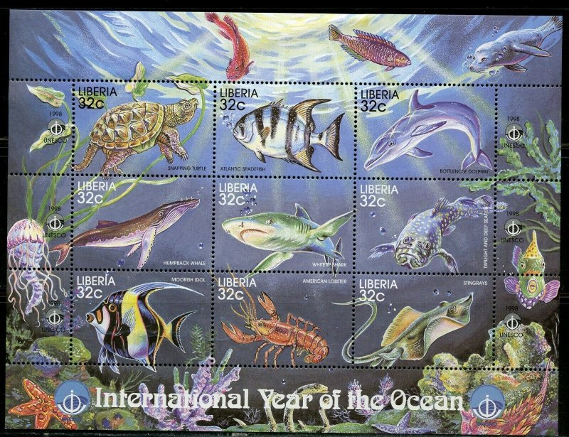 LIBERIA INTERNATIONAL YEAR OF THE OCEAN IV SHEET & SOUVENIR SHEET MINT NH