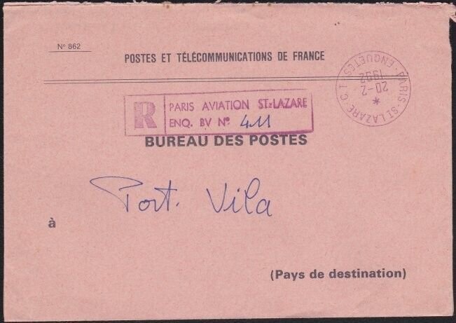 FRANCE 1992 official P.O. cover registered Paris to VANUATU................B2705