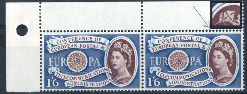 GB 1960 Europa 1/6d r1/2 broken diadem variety, corner pair, stamps unmounted