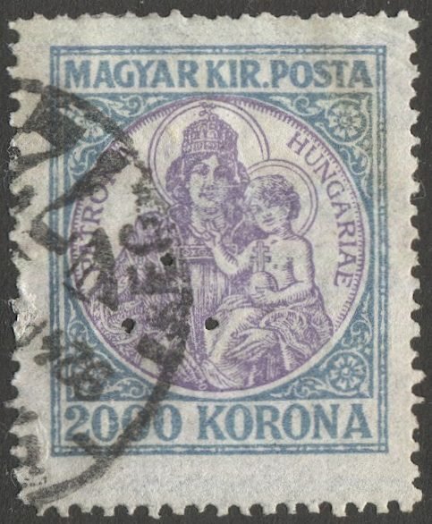 HUNGARY 1921 Sc 383a  2000k, Used, VF, Madonna & Child, 3-hole punch