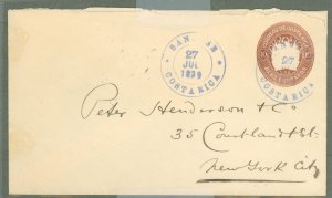 Costa Rica  1899 10c brown envelope, envelope complete but torn open removing contents.