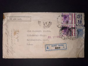 1950 Registered Hong Kong Airmail to San Francisco CA California USA Catholic