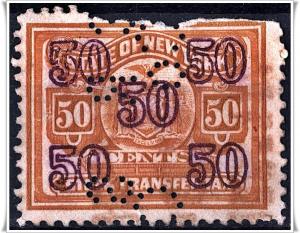 New York State 50¢ Stock Transfer Stamp (Perfin/Faults)