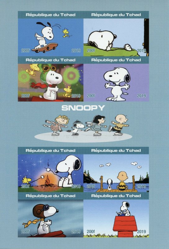 Chad Snoopy Stamps 2019 MNH Peanuts Charlie Brown Cartoons Comics 8v IMPF M/S 