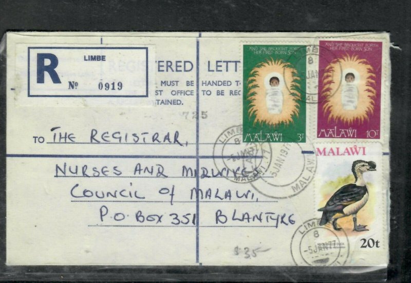 MALAWI COVER (P0506B) 1977 FORMULA  RLE+20T BIRD+CHRISTMAS 3T+10T IMBE TO BLANTY