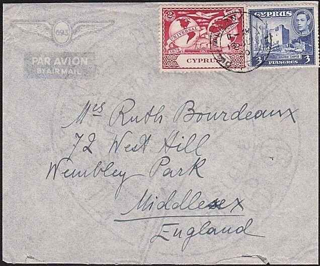 CYPRUS 1950 airmail cover to UK ex Larnaca.................................B5214