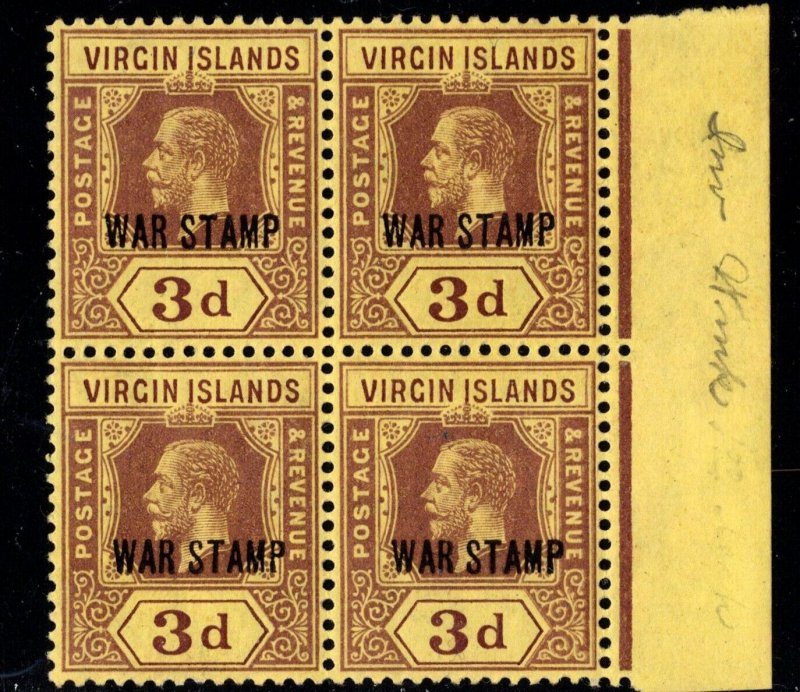 ES-15148 Virgin Islands Sc MR2 WAR TAX 1916-17 MNH Block 4 Inverted Watermark
