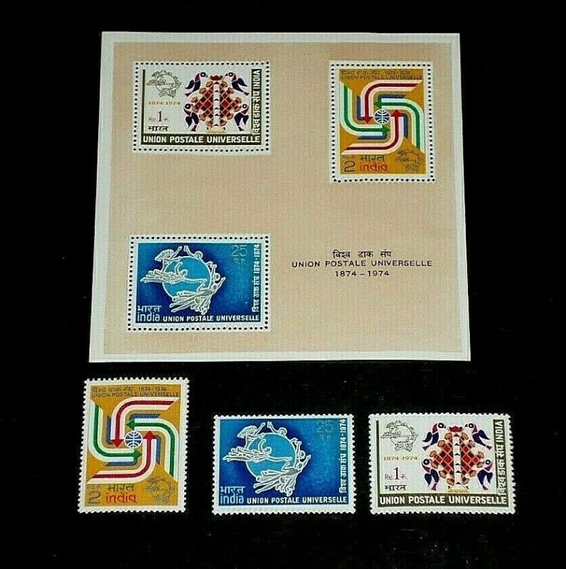 INDIA, #634-636a, 1974, UNIVERSAL POSTAL UNION, S/S + SINGLES, MNH, NICE, LQQK