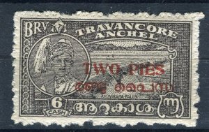 INDIA; TRAVANCORE 1942 early TWO PIES surcharged issue 4c. Mint hinged