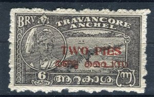 INDIA(stamp) TRAVANCORE 1942 early TWO PIES surcharged issue 4c. Mint hinged