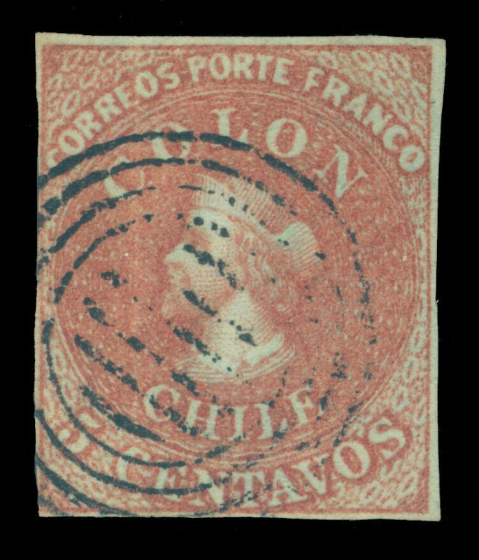 CHILE 1853 COLUMBUS - London Perkins Beacon 5c light red brn Scott  1 used VF