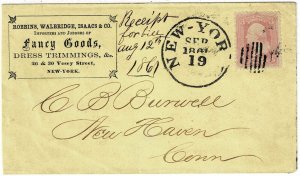 1861 New York, N.Y. cancel on ad cover, franked 3c pink, Scott 64, certificate