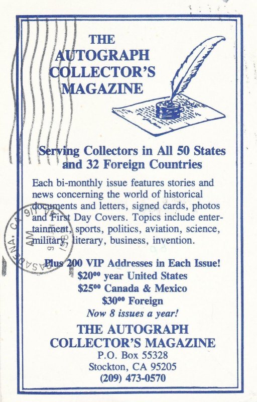 U.S. The Autograph Collrs. Magazine 1989 Hearst Castle, Cal. Post Card Ref 44622