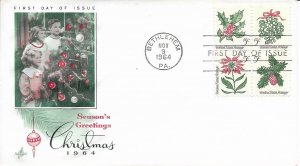 1964 FDC, #1257a, 5c Christmas, Art Craft, block of 4