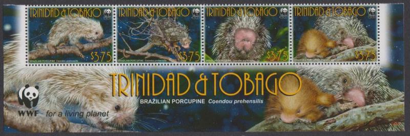 Trinidad and Tobago WWF Brazilian Porcupine Bottom Strip of 4v with WWF Logo