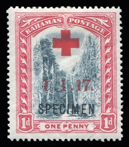 Bahamas #B1S Cat$85, 1917 1p carmine red, overprinted Specimen, hinged