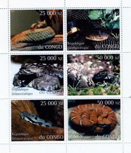 Congo RD 1997 Snakes Sheet (6) Perforated mnh.vf