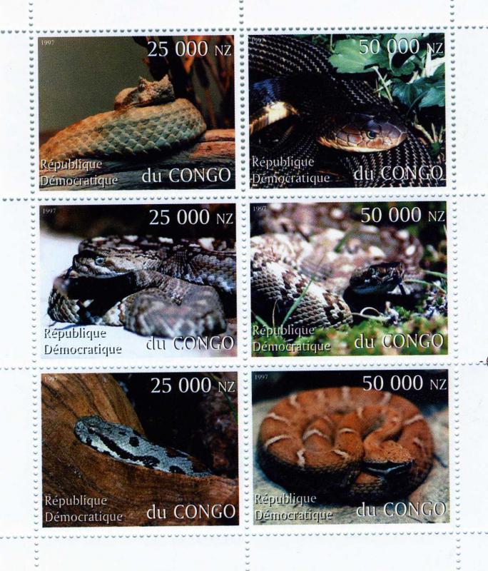 Congo RD 1997 Snakes Sheet (6) Perforated mnh.vf