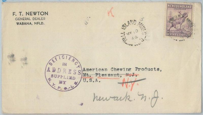 72399 -  NEWFOUNDLAND - POSTAL HISTORY:  Cover to USA 1946 BELL ISLAND MINES