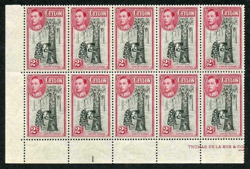 Ceylon SG386a 1938 2c Perf 13.5 x 13 U/M Block of 10 Cat 1200 pounds