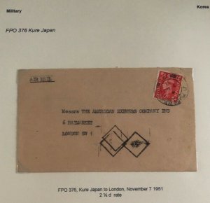 1951 Kure Japan British Field Post Airmail Korean War Cover To London England