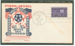 US 926 1944 3c Motion Pictures - 50th anniversary on an unaddressed first day cover with a Knapp Fleetwood cachet.