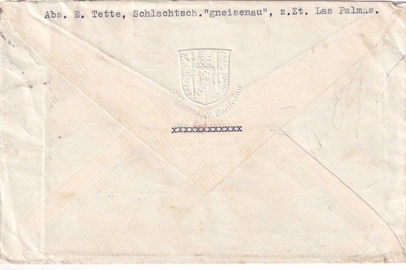 Germany: 1939 KMS Gneisenau, Las Palmas, Spain to Kiel Germany A/M ... (M7005)