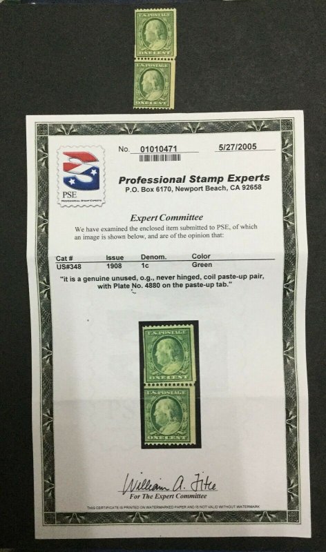 MOMEN: US STAMPS #348 COIL PAIR MINT OG NH **PSE CERT** LOT #34062