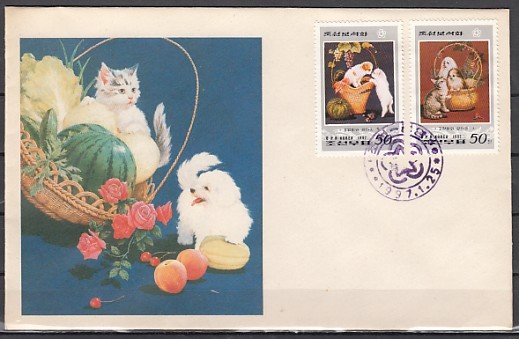 N. Korea, Scott cat. 3598-3599. Paintings of Cats & Dogs. First day cover. ^