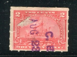 USA; 1890s early classic Battleship Revenue issue used 2c. value