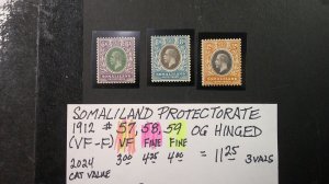 Somaliland Protectorate 1912 Scott# 57, 58, 59 M Hinged F-VF